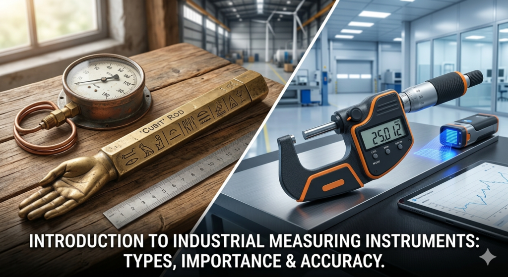 Evolution of Industrial Measuring Instruments showing ancient cubit rod and traditional pressure gauge on the left, and a modern digital micrometer with an electronic screen in a high-tech factory on the right.